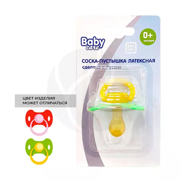 Изображение товара Латексная соска-пустышка Baby Care 0+ для малышей в ассортименте Изображение товара Латексная соска-пустышка Baby Care 0+ для малышей в ассортименте
