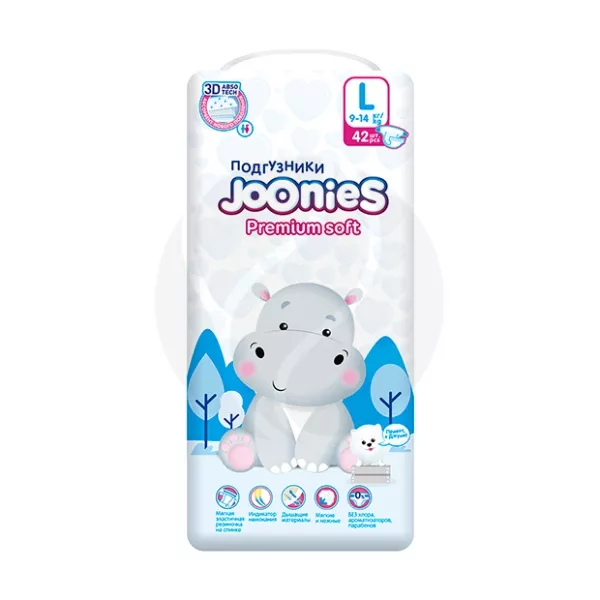 Изображение товара Подгузники Joonies Premium Soft размер L (9-14 кг), 42 шт, мягкие и ультратонкие для малышей