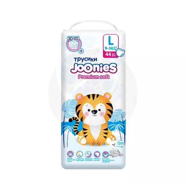 Изображение товара Joonies Premium Soft подгузники-трусики L 9-14 кг 44 шт ультратонкие японская технология Изображение товара Joonies Premium Soft подгузники-трусики L 9-14 кг 44 шт ультратонкие японская технология