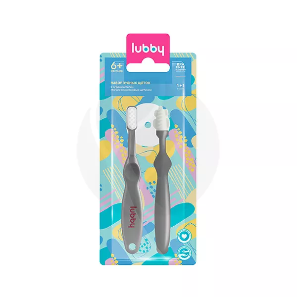 Изображение товара Набор детских зубных щеток Lubby 2 шт для малышей от 6 месяцев с ограничителем Изображение товара Набор детских зубных щеток Lubby 2 шт для малышей от 6 месяцев с ограничителем
