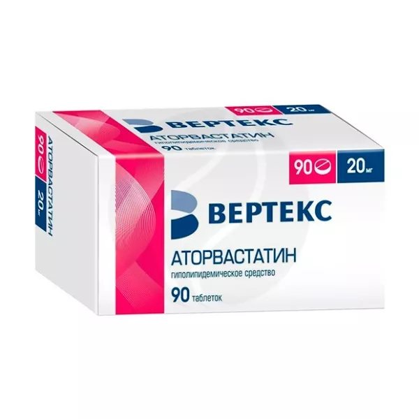 Изображение товара Аторвастатин-Вертекс таблетки 20мг 90 штук для снижения холестерина