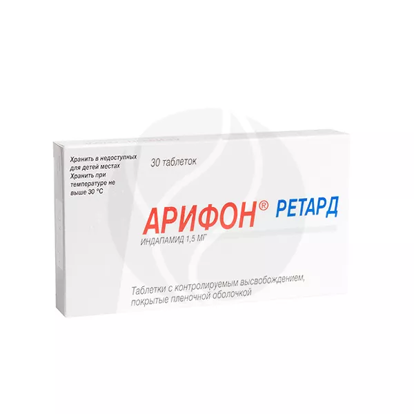 Изображение товара Арифон Ретард таблетки с пролонг. высвоб. покрыт. п/о 1,5мг, №30 Изображение товара Арифон Ретард таблетки с пролонг. высвоб. покрыт. п/о 1,5мг, №30