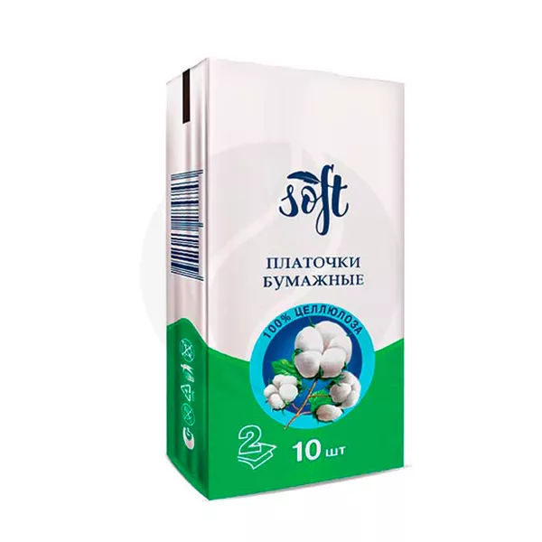 Изображение товара Soft платочки бумажные двухслойные неароматизированные, 10шт Изображение товара Soft платочки бумажные двухслойные неароматизированные, 10шт