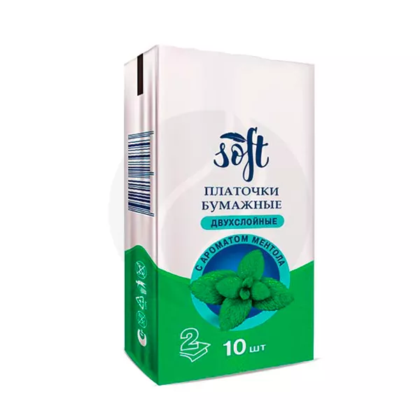Изображение товара Soft платочки бумажные двухслойные с ароматом ментола, 10шт Изображение товара Soft платочки бумажные двухслойные с ароматом ментола, 10шт