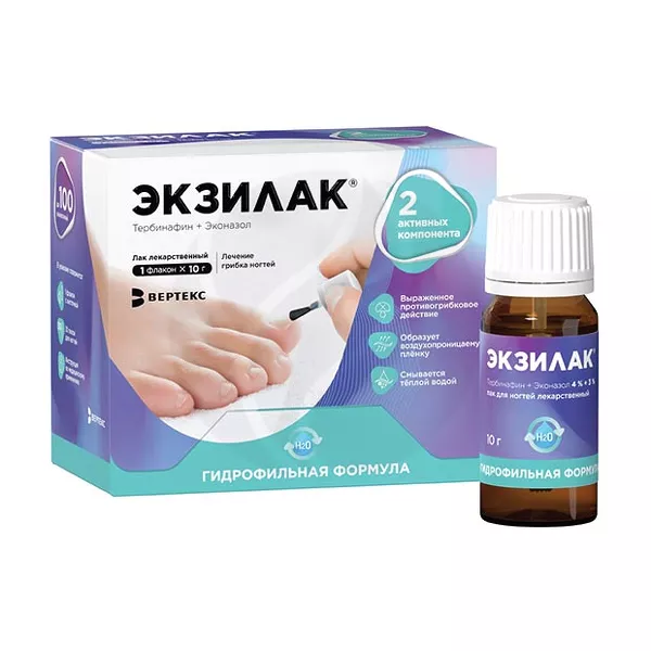 Изображение товара Экзилак лак для ногтей лекарственный 4%+3%, 10г №1 Изображение товара Экзилак лак для ногтей лекарственный 4%+3%, 10г №1