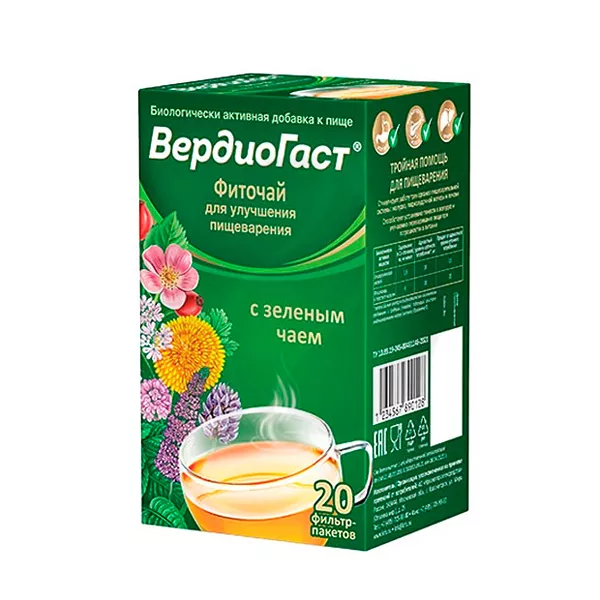 Изображение товара Фиточай Вердиогаст Зеленый чай 1,5 г (20 пакетиков) для пищеварения Изображение товара Фиточай Вердиогаст Зеленый чай 1,5 г (20 пакетиков) для пищеварения