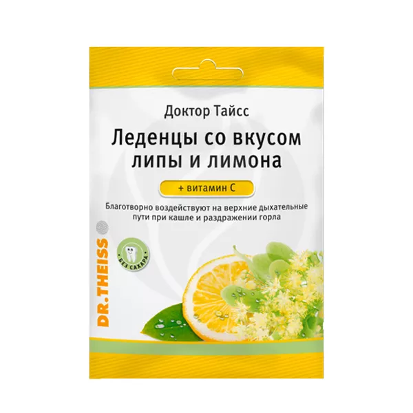 Изображение товара Dr. Theiss леденцы липа и лимон + витамин С, 75г Изображение товара Dr. Theiss леденцы липа и лимон + витамин С, 75г