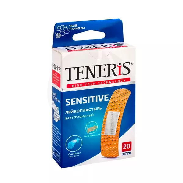 Изображение товара Тенерис Sensitive бактерицидный нетканый лейкопластырь 20 шт 76х19 мм с ионами серебра