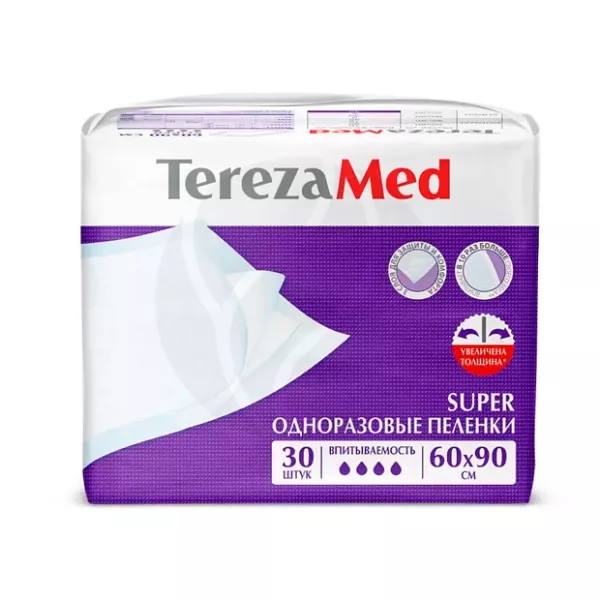 Изображение товара Одноразовые пеленки TerezaMed Super 60х90см, 30 шт для ухода и медицинских процедур Изображение товара Одноразовые пеленки TerezaMed Super 60х90см, 30 шт для ухода и медицинских процедур
