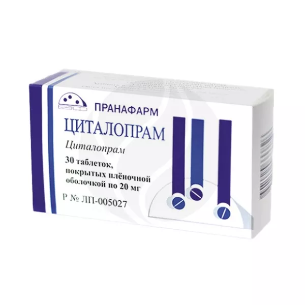 Изображение товара Циталопрам таблетки покрытые пленочной оболочкой 20 мг, №30 Изображение товара Циталопрам таблетки покрытые пленочной оболочкой 20 мг, №30