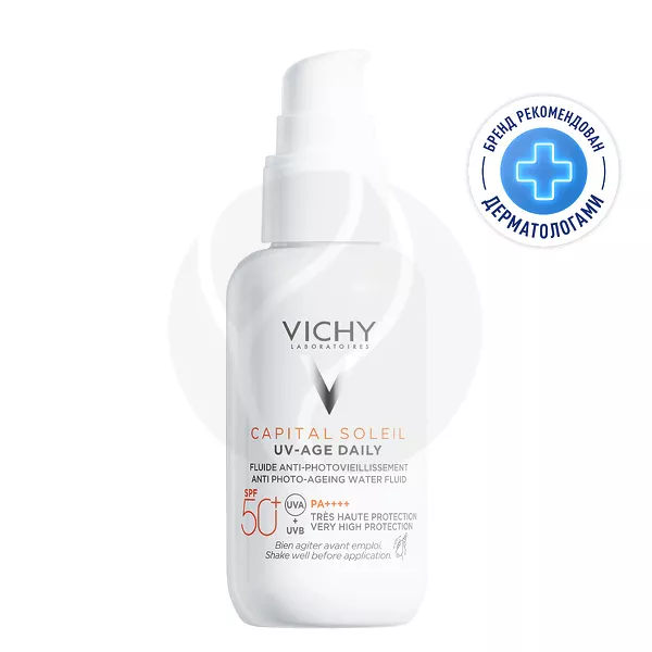 Изображение товара Vichy Capital Soleil UV-Age Daily Невесомый солнцезащитный крем-флюид для лица против признаков фотостарения SPF 50+, 40мл Изображение товара Vichy Capital Soleil UV-Age Daily Невесомый солнцезащитный крем-флюид для лица против признаков фотостарения SPF 50+, 40мл