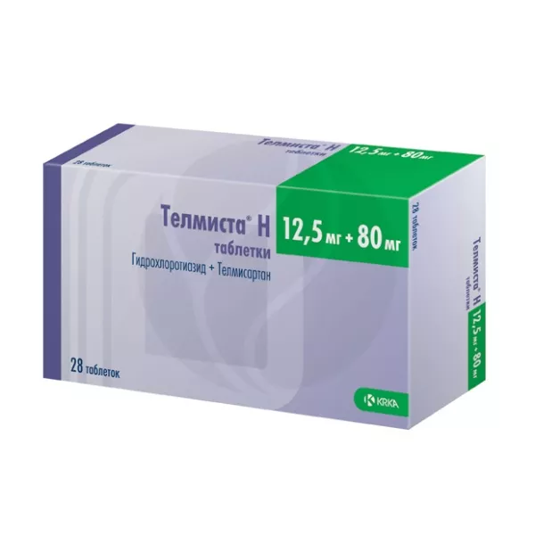 Изображение товара Телмиста Н таблетки 80мг+12,5мг, №28 Изображение товара Телмиста Н таблетки 80мг+12,5мг, №28