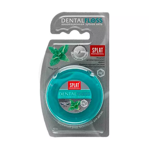 Изображение товара Splat Professional DentalFloss зубная нить мятная с серебром 30м супертонкая антибактериальная Изображение товара Splat Professional DentalFloss зубная нить мятная с серебром 30м супертонкая антибактериальная