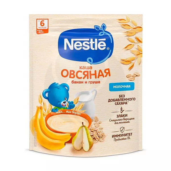 Изображение товара Nestle Молочная овсяная каша с бананом и грушей (6+мес), 200г Изображение товара Nestle Молочная овсяная каша с бананом и грушей (6+мес), 200г