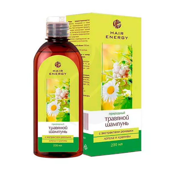 Изображение товара Hair Energy Травяной шампунь с экстрактами ромашки, лопуха и крапивы, 230мл Изображение товара Hair Energy Травяной шампунь с экстрактами ромашки, лопуха и крапивы, 230мл