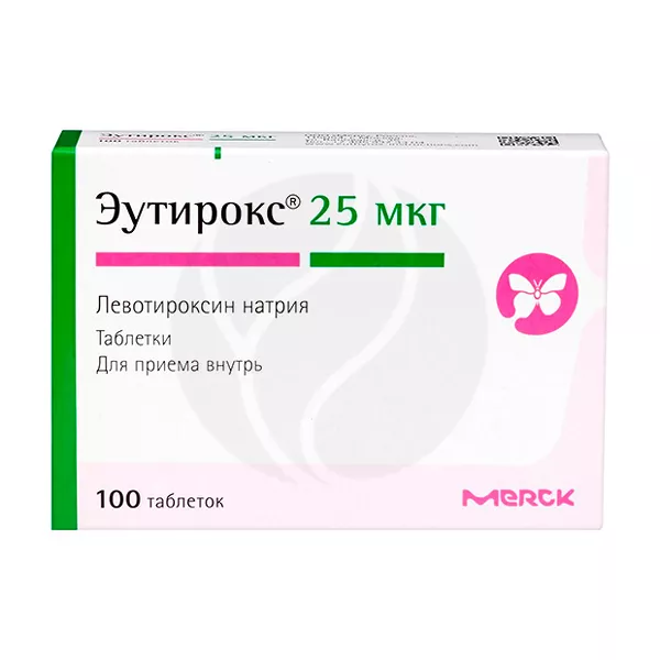 Изображение товара Эутирокс таблетки 25мкг, №100 Мерк Изображение товара Эутирокс таблетки 25мкг, №100 Мерк