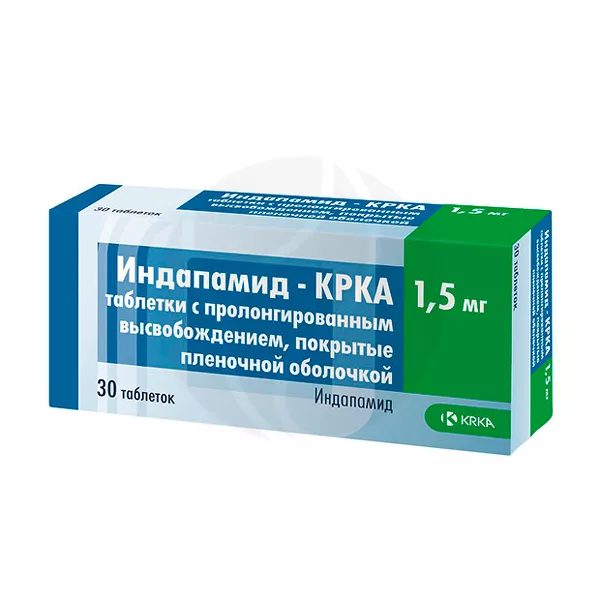 Изображение товара Индапамид-КРКА таблетки пролонг.действ.покрыт.об. 1,5мг, №30 Изображение товара Индапамид-КРКА таблетки пролонг.действ.покрыт.об. 1,5мг, №30