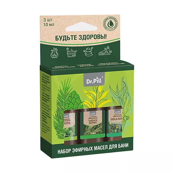 Изображение товара Dr.Pill набор натуральных эфирных масел (пихта+чайное дерево+эвкалипт), (10мл*3) Изображение товара Dr.Pill набор натуральных эфирных масел (пихта+чайное дерево+эвкалипт), (10мл*3)