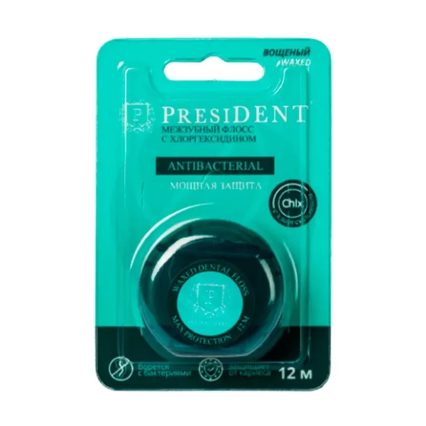Изображение товара PresiDENT Antibacterial флосс межзубный с хлоргексидином, 12м