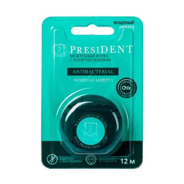 Изображение товара Флосс межзубной PRESIDENT Antibacterial 12м с хлоргексидином Изображение товара Флосс межзубной PRESIDENT Antibacterial 12м с хлоргексидином