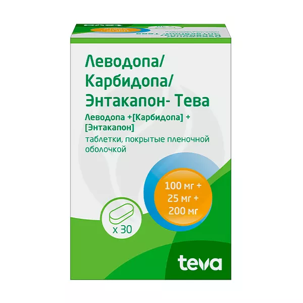 Изображение товара Леводопа/Карбидопа/Энтакапон-Тева таблетки покрыт. п/о 100мг+25мг+200мг, №30 Изображение товара Леводопа/Карбидопа/Энтакапон-Тева таблетки покрыт. п/о 100мг+25мг+200мг, №30