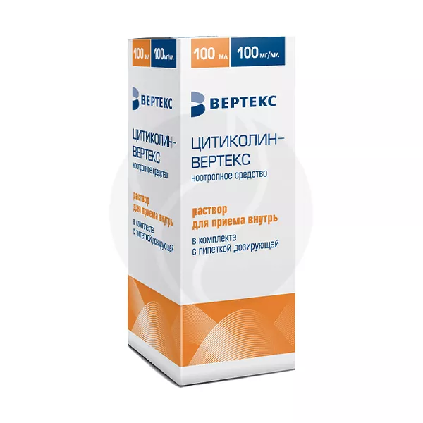 Изображение товара Раствор цитиколин Вертекс 100мг/мл 100 мл Изображение товара Раствор цитиколин Вертекс 100мг/мл 100 мл