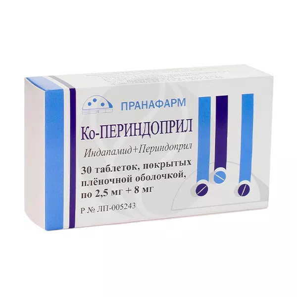 Изображение товара Ко-Периндоприл таблетки покрыт. п/о 2,5мг+8мг, №30 Изображение товара Ко-Периндоприл таблетки покрыт. п/о 2,5мг+8мг, №30