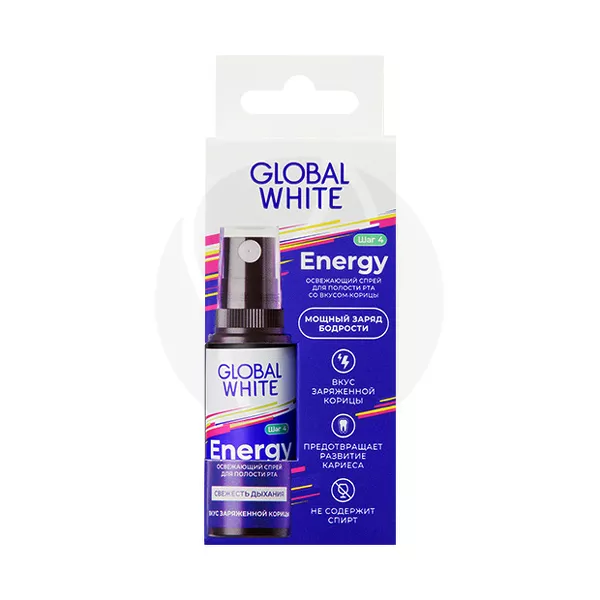 Изображение товара Global white Energy спрей освежающий для полости рта со вкусом корицы, 15мл Изображение товара Global white Energy спрей освежающий для полости рта со вкусом корицы, 15мл