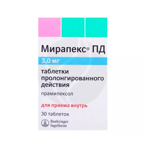 Изображение товара Мирапекс ПД таблетки пролонгированного высвобождения 3мг 30 шт для лечения Паркинсона Изображение товара Мирапекс ПД таблетки пролонгированного высвобождения 3мг 30 шт для лечения Паркинсона
