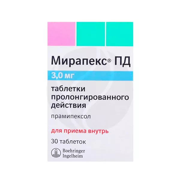 Изображение товара Мирапекс ПД таблетки пролонгированного высвобождения 3мг 30 шт для лечения Паркинсона Изображение товара Мирапекс ПД таблетки пролонгированного высвобождения 3мг 30 шт для лечения Паркинсона