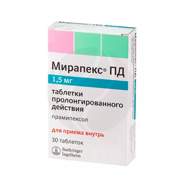 Изображение товара Мирапекс ПД таблетки с пролонгированным высвобождением 1,5 мг, №30, Германия Изображение товара Мирапекс ПД таблетки с пролонгированным высвобождением 1,5 мг, №30, Германия