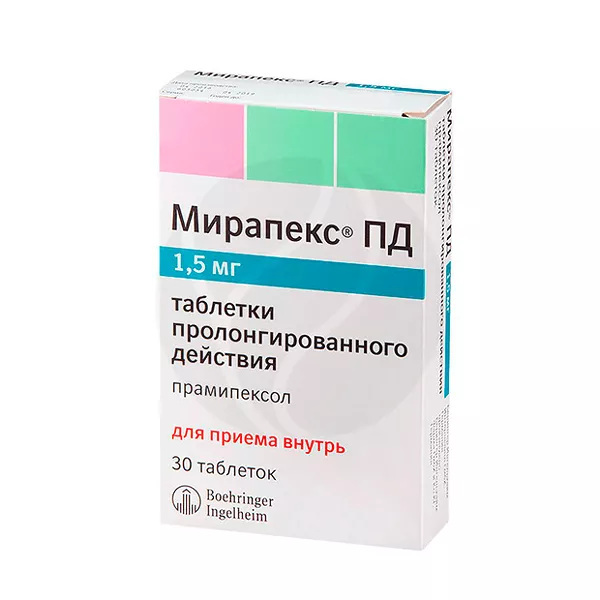 Изображение товара Мирапекс ПД таблетки с пролонгированным высвобождением 1,5 мг, №30, Германия Изображение товара Мирапекс ПД таблетки с пролонгированным высвобождением 1,5 мг, №30, Германия