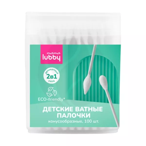 Изображение товара Детские ватные палочки Lubby конусообразные 2в1 0+ мес №100