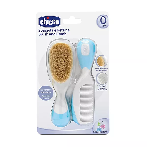 Изображение товара Chicco набор расческа+щётка с натуральными щетинками (0+), цвет голубой Изображение товара Chicco набор расческа+щётка с натуральными щетинками (0+), цвет голубой