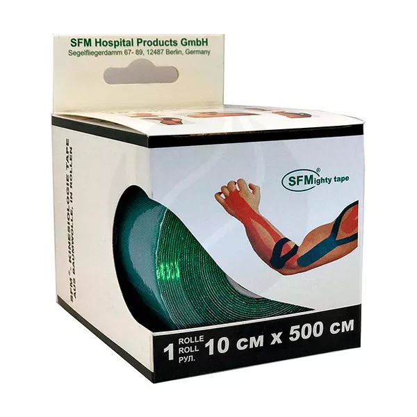 Изображение товара SFM Лента кинезиологическая хлопковая основа цвет зеленый, (10см*500см) Изображение товара SFM Лента кинезиологическая хлопковая основа цвет зеленый, (10см*500см)