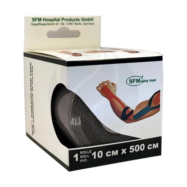 Изображение товара Кинезиологическая лента SFM хлопковая 10 см х 500 см черная для спорта и реабилитации