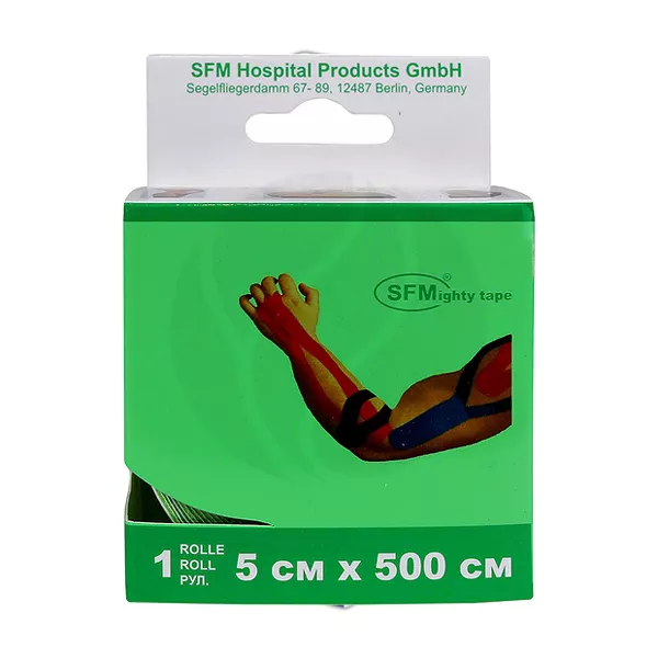 Изображение товара SFM Кинезиологический тейп 5см Х 500см зеленый для облегчения боли Изображение товара SFM Кинезиологический тейп 5см Х 500см зеленый для облегчения боли