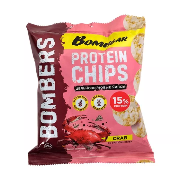 Изображение товара Протеиновые цельнозерновые чипсы Bombbar вкус краб 50г полезный перекус Изображение товара Протеиновые цельнозерновые чипсы Bombbar вкус краб 50г полезный перекус