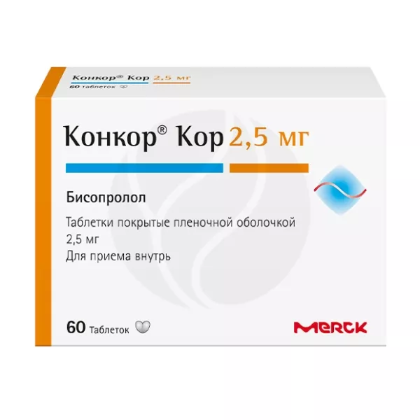 Изображение товара Конкор Кор бисопролол фумарат 2,5 мг таблетки покрытые (п/о) 60 шт Изображение товара Конкор Кор бисопролол фумарат 2,5 мг таблетки покрытые (п/о) 60 шт