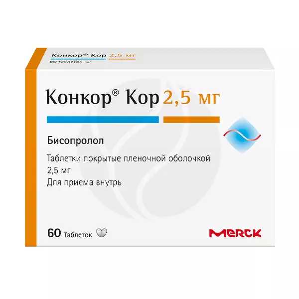 Изображение товара Конкор Кор бисопролол фумарат 2,5 мг таблетки покрытые (п/о) 60 шт Изображение товара Конкор Кор бисопролол фумарат 2,5 мг таблетки покрытые (п/о) 60 шт