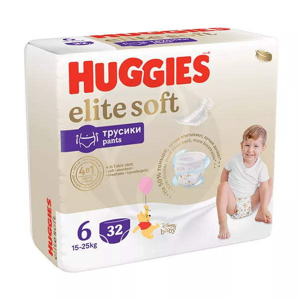 Изображение товара Подгузники-трусики Huggies Elite Soft 6 15-25 кг 32 шт гипоаллергенные мягкие комфортные Изображение товара Подгузники-трусики Huggies Elite Soft 6 15-25 кг 32 шт гипоаллергенные мягкие комфортные