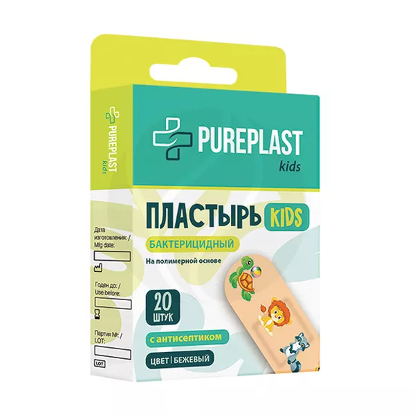 Изображение товара Детский бактерицидный пластырь Pureplast с рисунком 20 шт Изображение товара Детский бактерицидный пластырь Pureplast с рисунком 20 шт
