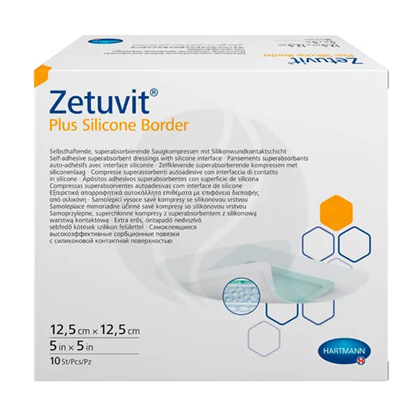 Изображение товара Hartmann Zetuvit Plus Silicone Border стерильная суперабсорбирующая повязка 12,5х12,5 см, №10 Изображение товара Hartmann Zetuvit Plus Silicone Border стерильная суперабсорбирующая повязка 12,5х12,5 см, №10
