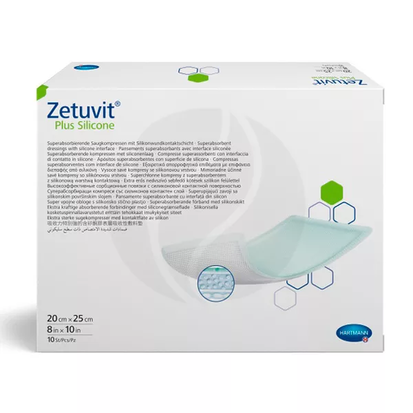 Изображение товара Hartmann Zetuvit Plus Silicone стерильная суперабсорбирующая повязка 20смх25см, №10 Изображение товара Hartmann Zetuvit Plus Silicone стерильная суперабсорбирующая повязка 20смх25см, №10