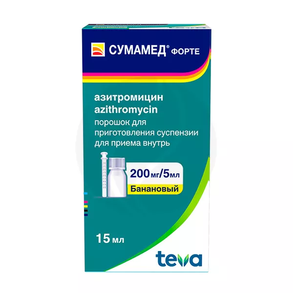 Изображение товара Сумамед Форте порошок д/пригот.сусп. д/приема внутрь 200мг/5мл, 16,74г Изображение товара Сумамед Форте порошок д/пригот.сусп. д/приема внутрь 200мг/5мл, 16,74г
