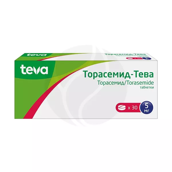 Изображение товара Торасемид-Тева таблетки 5мг No30 - диуретик для лечения отеков и гипертензии Изображение товара Торасемид-Тева таблетки 5мг No30 - диуретик для лечения отеков и гипертензии