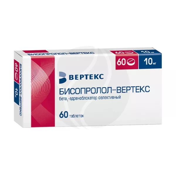 Изображение товара Бисопролол-Вертекс 10мг 60 таблеток для лечения гипертонии и сердечной недостаточности Изображение товара Бисопролол-Вертекс 10мг 60 таблеток для лечения гипертонии и сердечной недостаточности