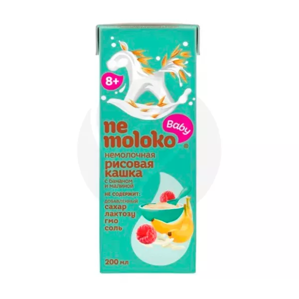 Изображение товара Nemoloko Baby рисовая безмолочная каша с бананом и малиной 0.2л для детей от 8 месяцев