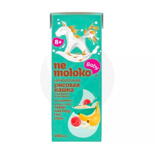 Изображение товара Nemoloko Baby рисовая безмолочная каша с бананом и малиной 0.2л для детей от 8 месяцев
