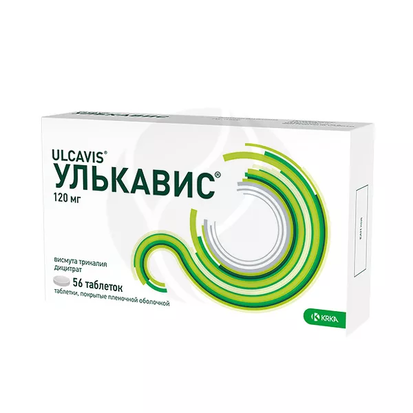 Изображение товара Таблетки Висмута трикалия дицитрат Улькавис, 120мг, покрытые покрытием Изображение товара Таблетки Висмута трикалия дицитрат Улькавис, 120мг, покрытые покрытием